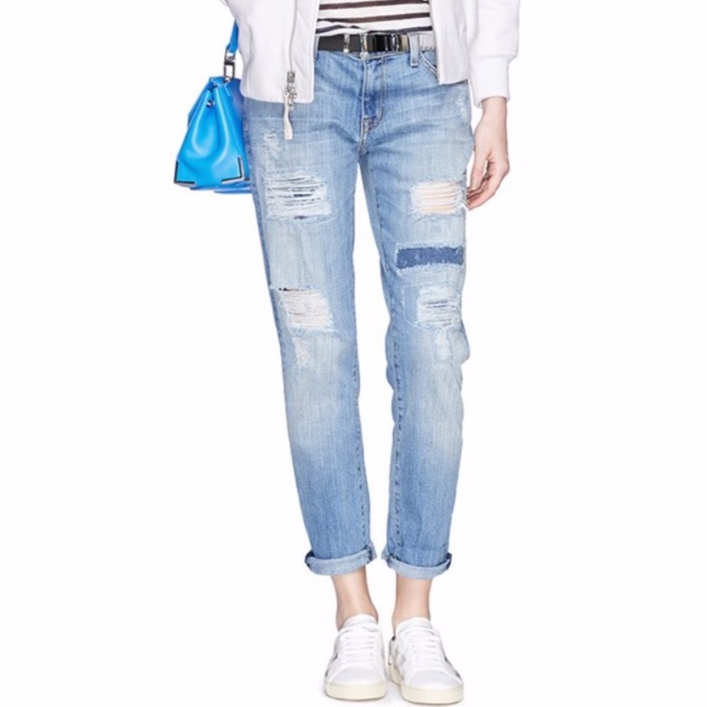 Current/Elliot Ripped Patchwork Slim Jeans